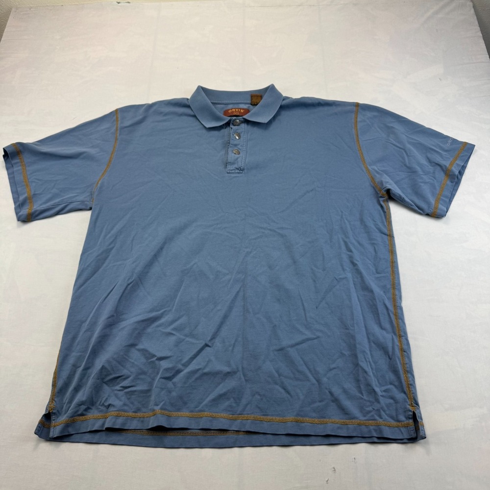 Orvis Golf Polo Shirt Mens XL Blue Contrast Stitch Short Sleeve Collared Popover